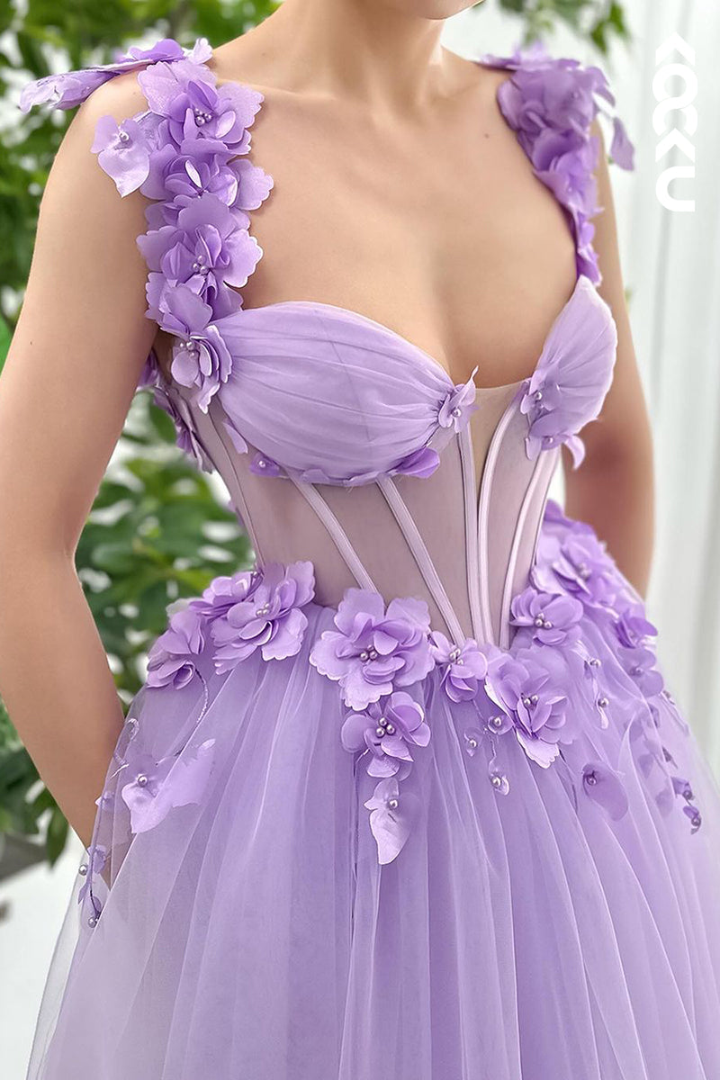 L2674 - Gorgeous & Charming Straps V-neck A-line Tulle Formal Prom Dress With Flower