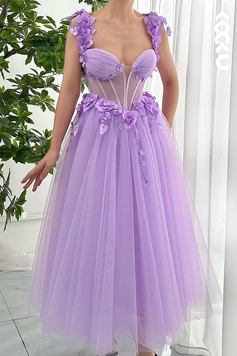 L2674 - Gorgeous & Charming Straps V-neck A-line Tulle Formal Prom Dress With Flower