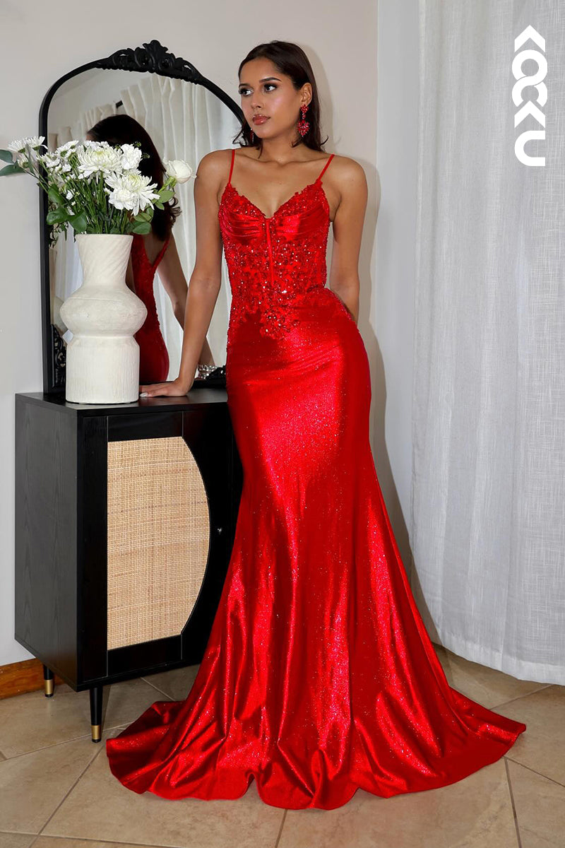 L2849 - Gorgeous & Charming Spaghetti Straps V-Neck Mermaid Applique Party Prom Dress