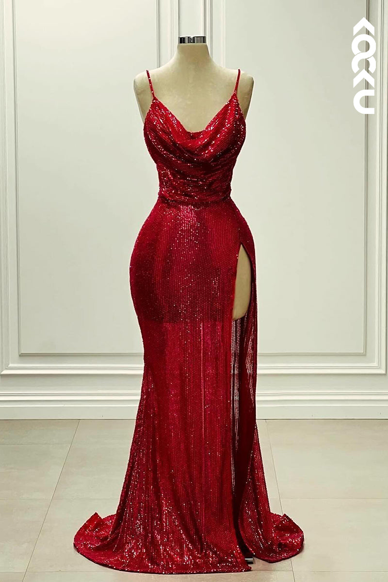 L2787 - Gorgeous & Charming Spaghetti Straps V-neck Slit Sequins Evening Party Prom Dress