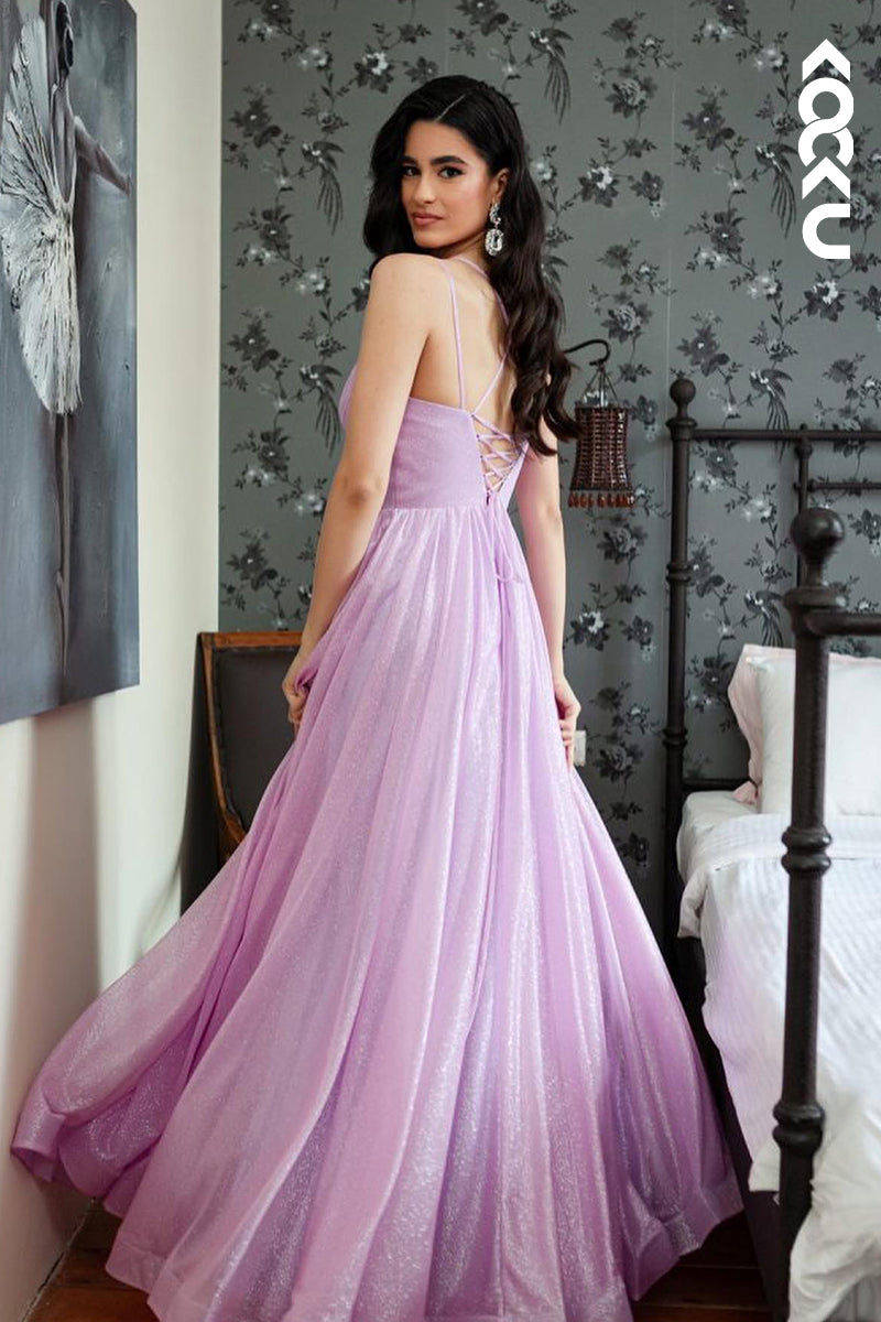 L2982 - Simple & Casual Spaghetti Straps V-Neck A-line Tulle Party Prom Dress