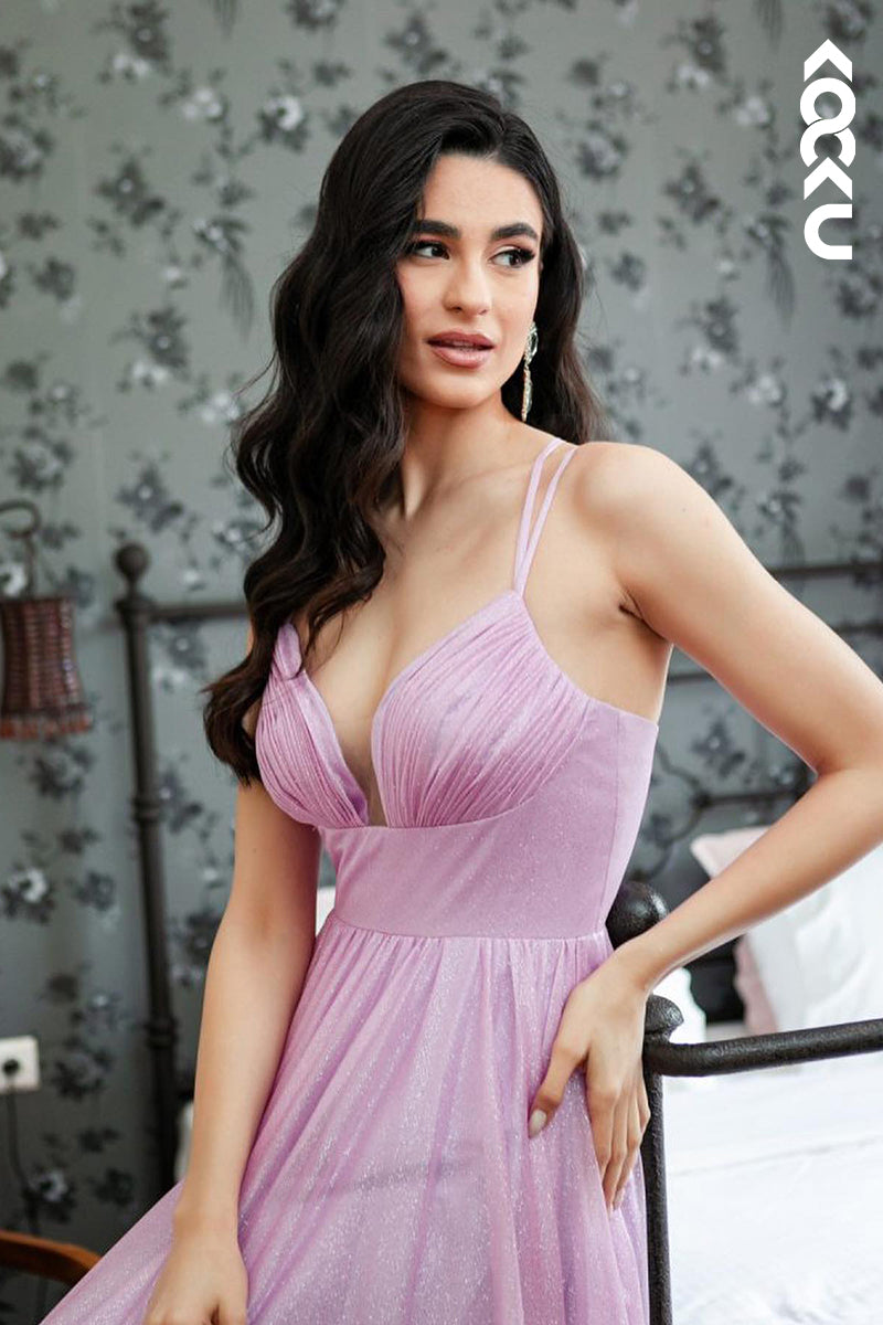 L2982 - Simple & Casual Spaghetti Straps V-Neck A-line Tulle Party Prom Dress