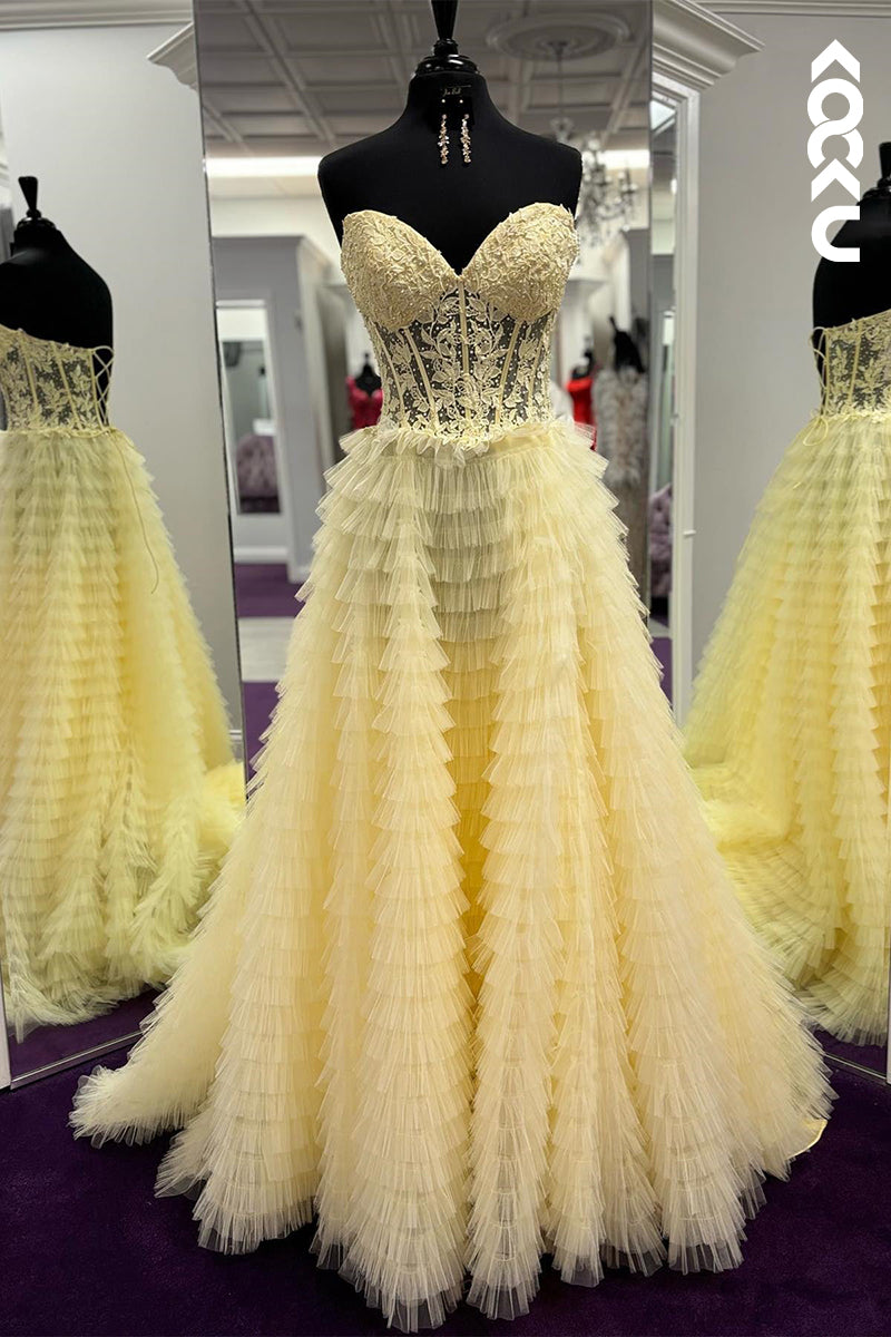 L2383 - V-Neck Sleeveless A-Line Applique Slit Formal Prom Dress