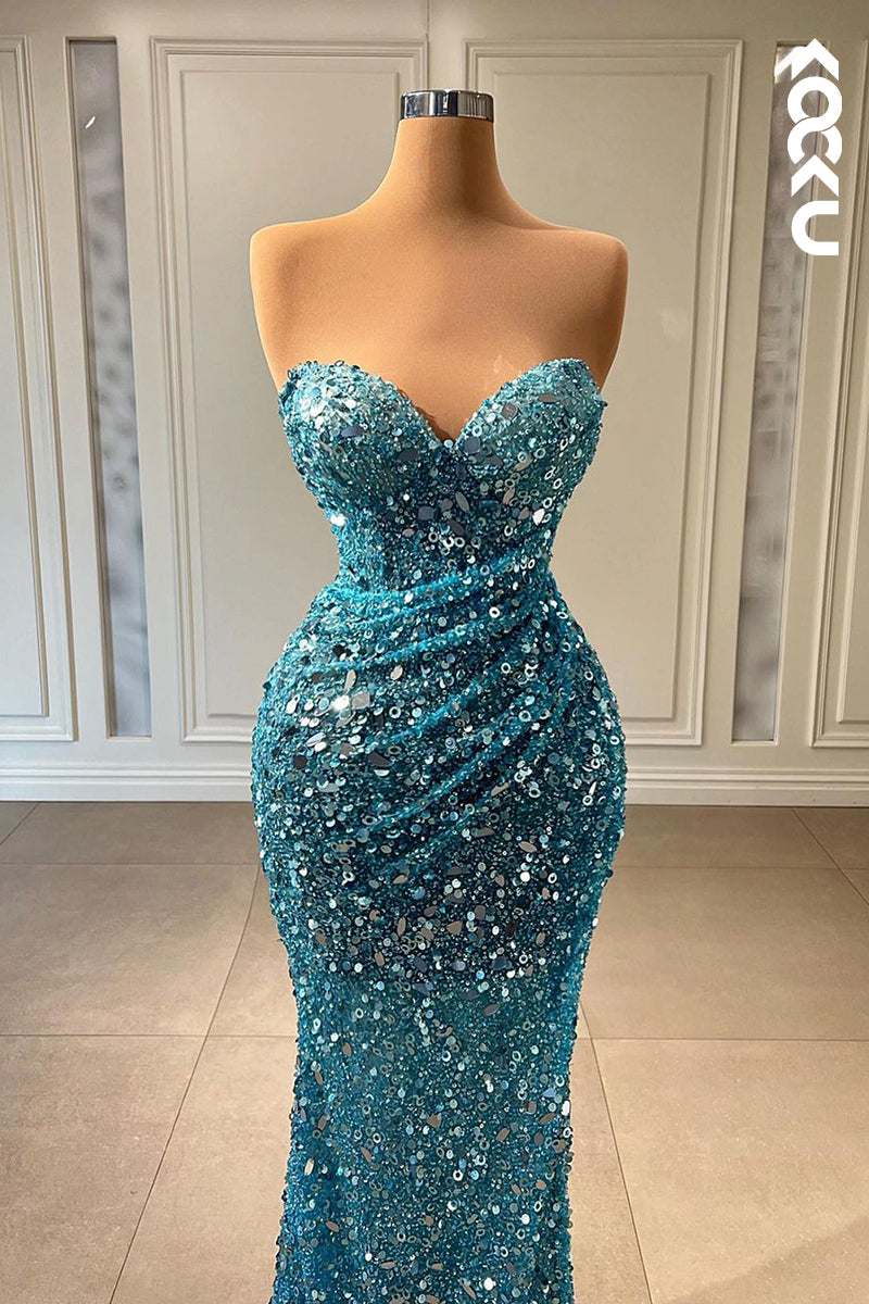 L2377 - Glamorous & Dramatic Sequins Mermaid V-Neck Sleeveless Runched Evening Prom Dress
