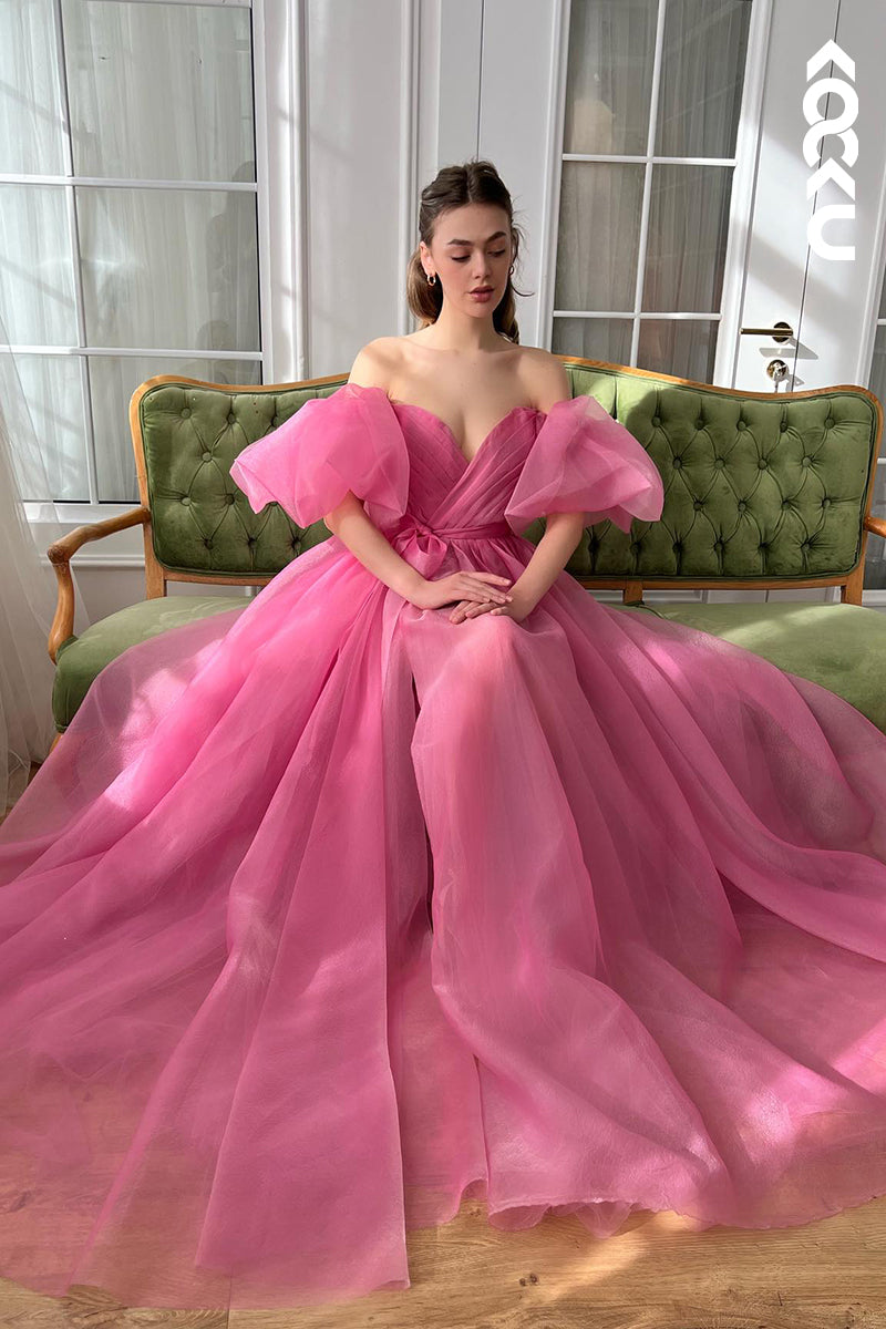 L2741 - Elegant & Luxurious Cap Slleves Sweetheart A-line Tulle Formal Prom Dress