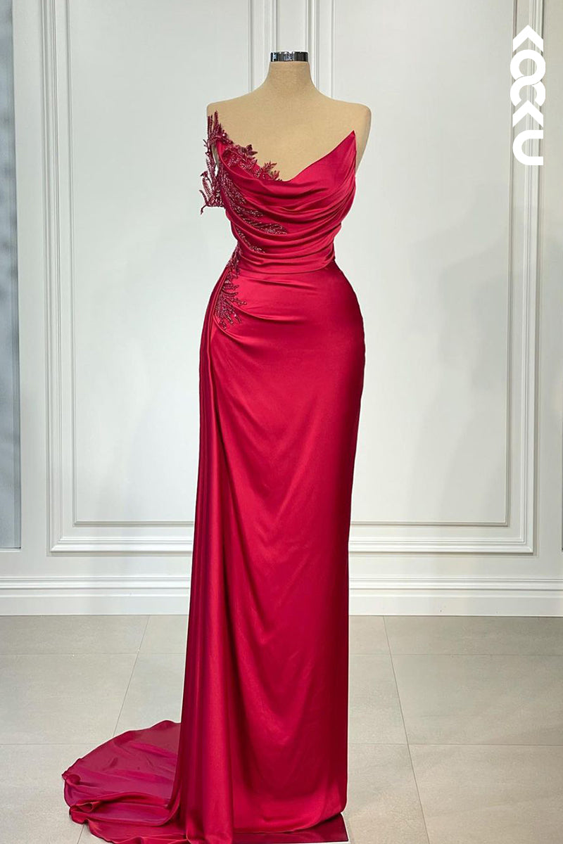 L2417 - Couture & Ornate V-neck Sleeveless Ruched Sheath Party Prom Dress With Floral Embroidered