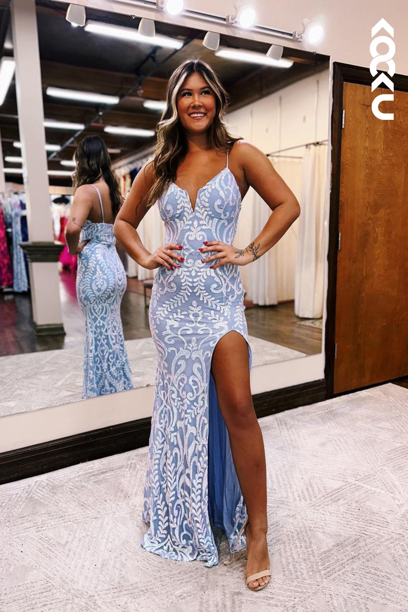 L2513 - Chic & Elegant Spaghetti Straps V-Neck Sheath Slit Party Prom Dress