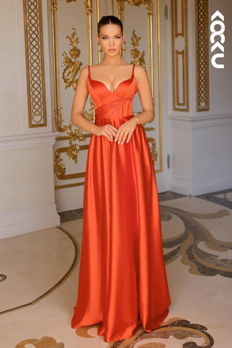L2971 - Elegant & Modern Spaghetti Straps V-Neck A-line Satin Party Prom Dress