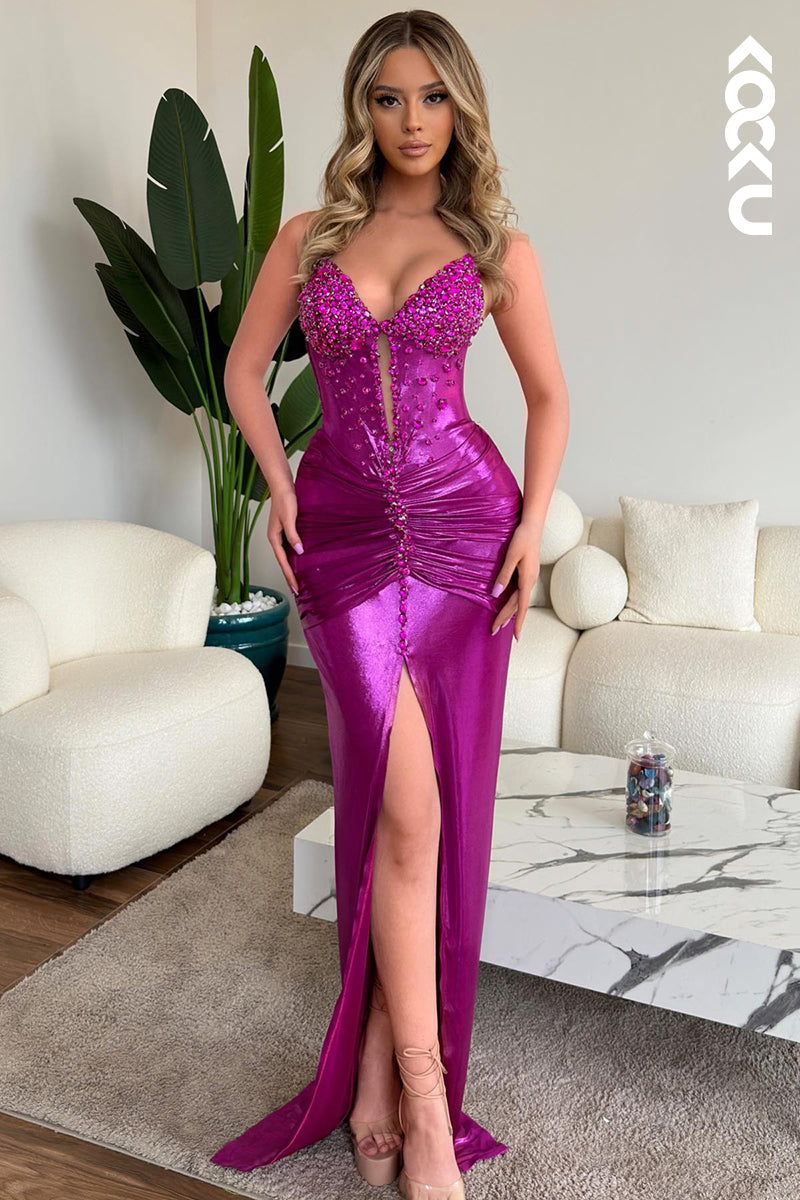 L2408 - Sexy & Hot V-Neck Sleeveless Sheath Slit Fully Beaded Party Prom Dress
