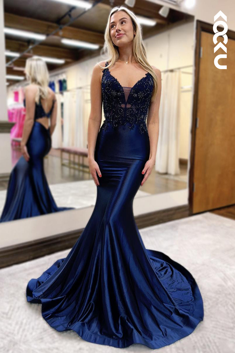 L2595 - Elegant & Luxurious V-Neck Spaghetti Straps Mermaid Trumpet Backless Prom Dress