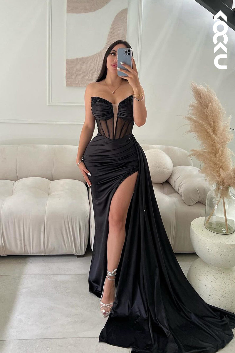 L2352 - Sheath V-neck Sleeveless Ruched Side Slit Party Prom Dress