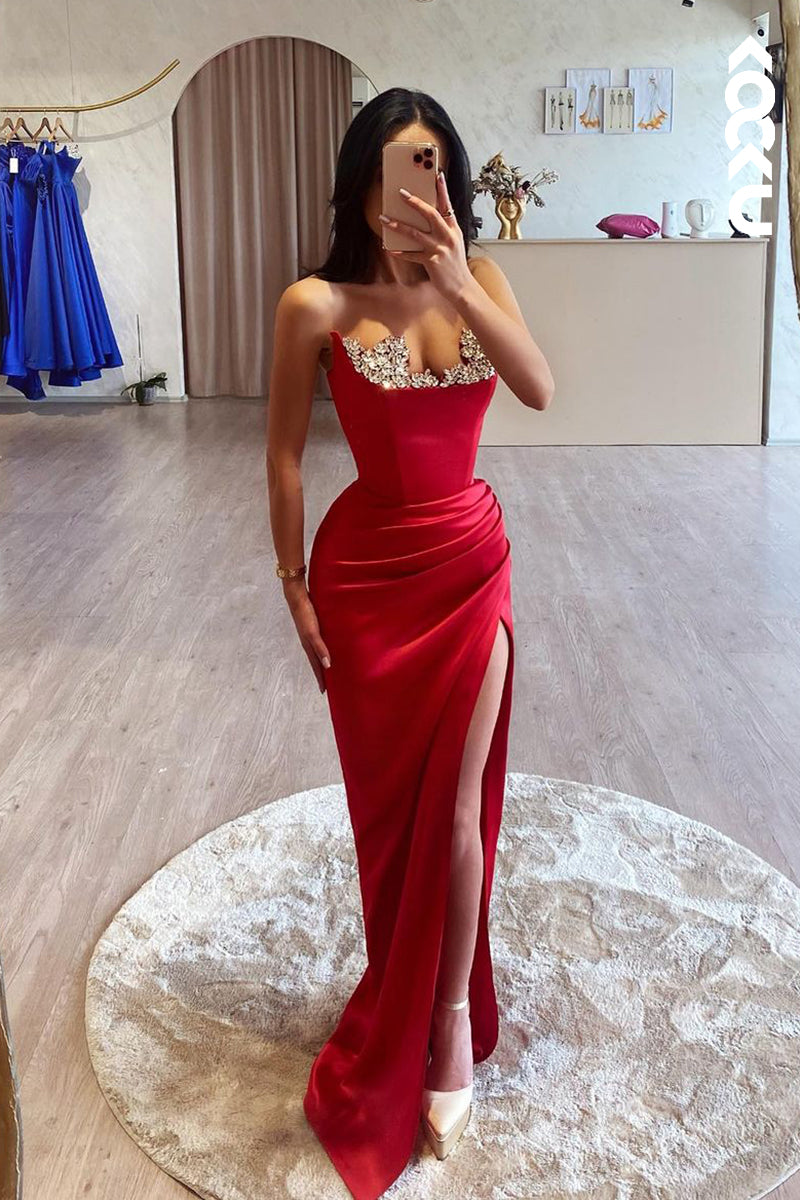L2406 - Chic & Elegant V-Neck Sleeveless Ruched Sheath Formal Prom Dress With Rhinestones