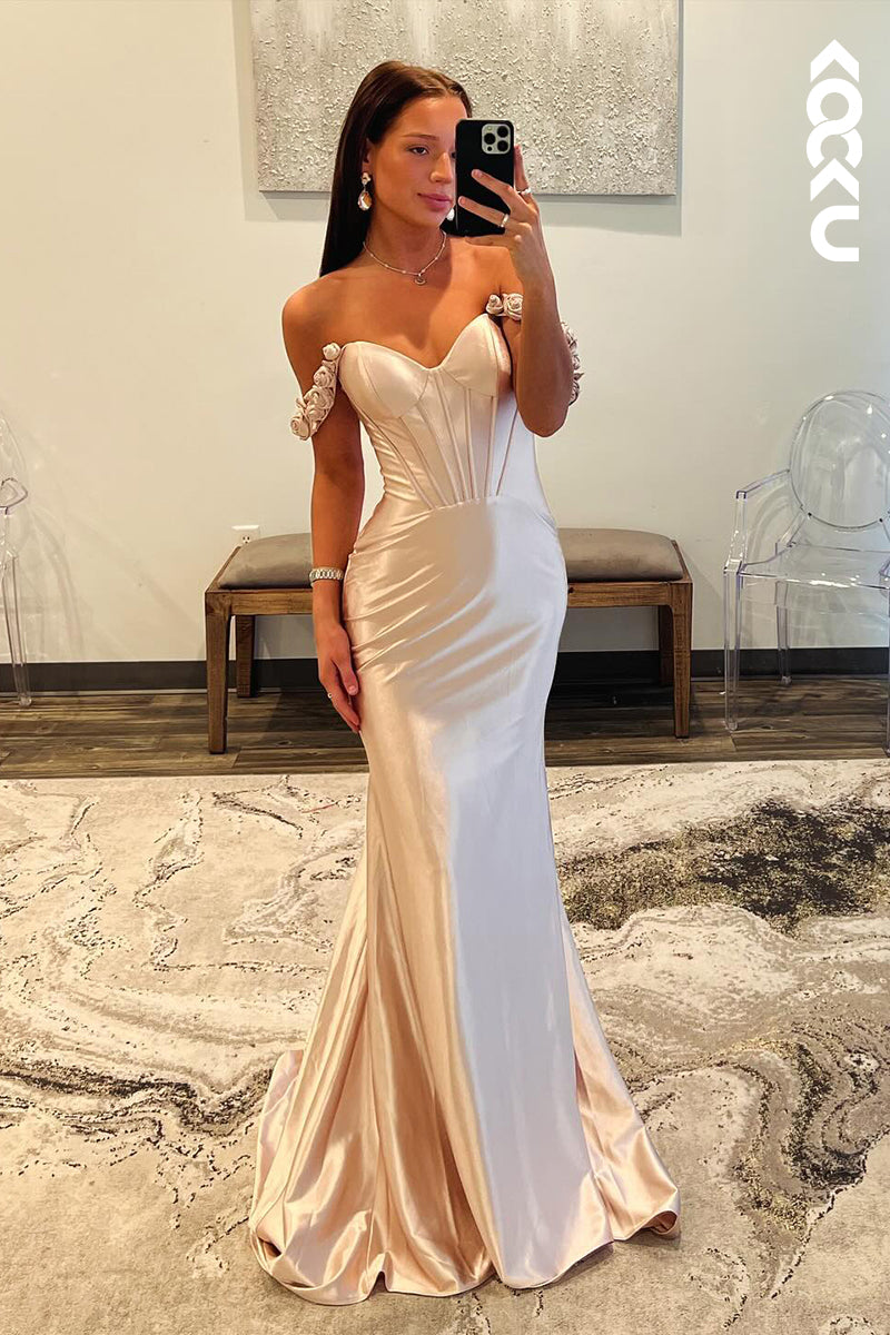 L2872 - Trumpet/Mermaid Classic Elegant Of-Shoulder Cap Sleeves Satin Party Prom Dress