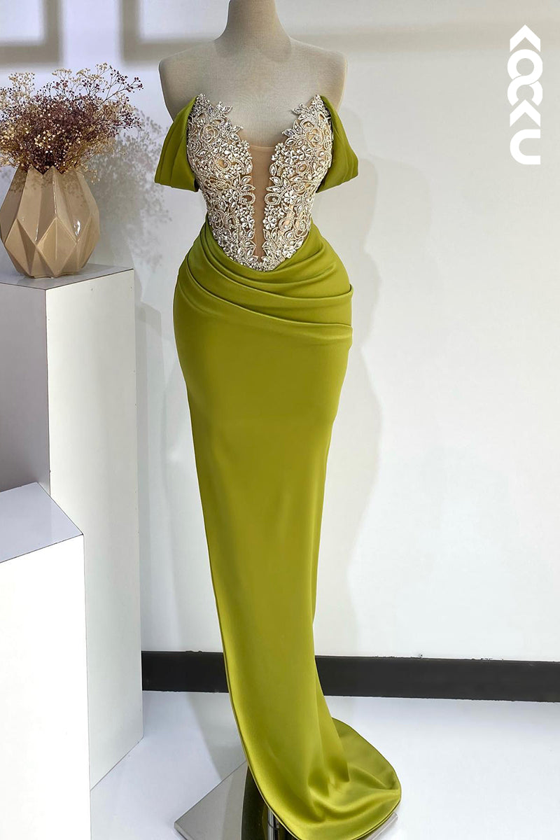 L2699 - Glamorous & Dramatic V-neck Cap Sleeves Ruched Rhinestones Party Prom Dress