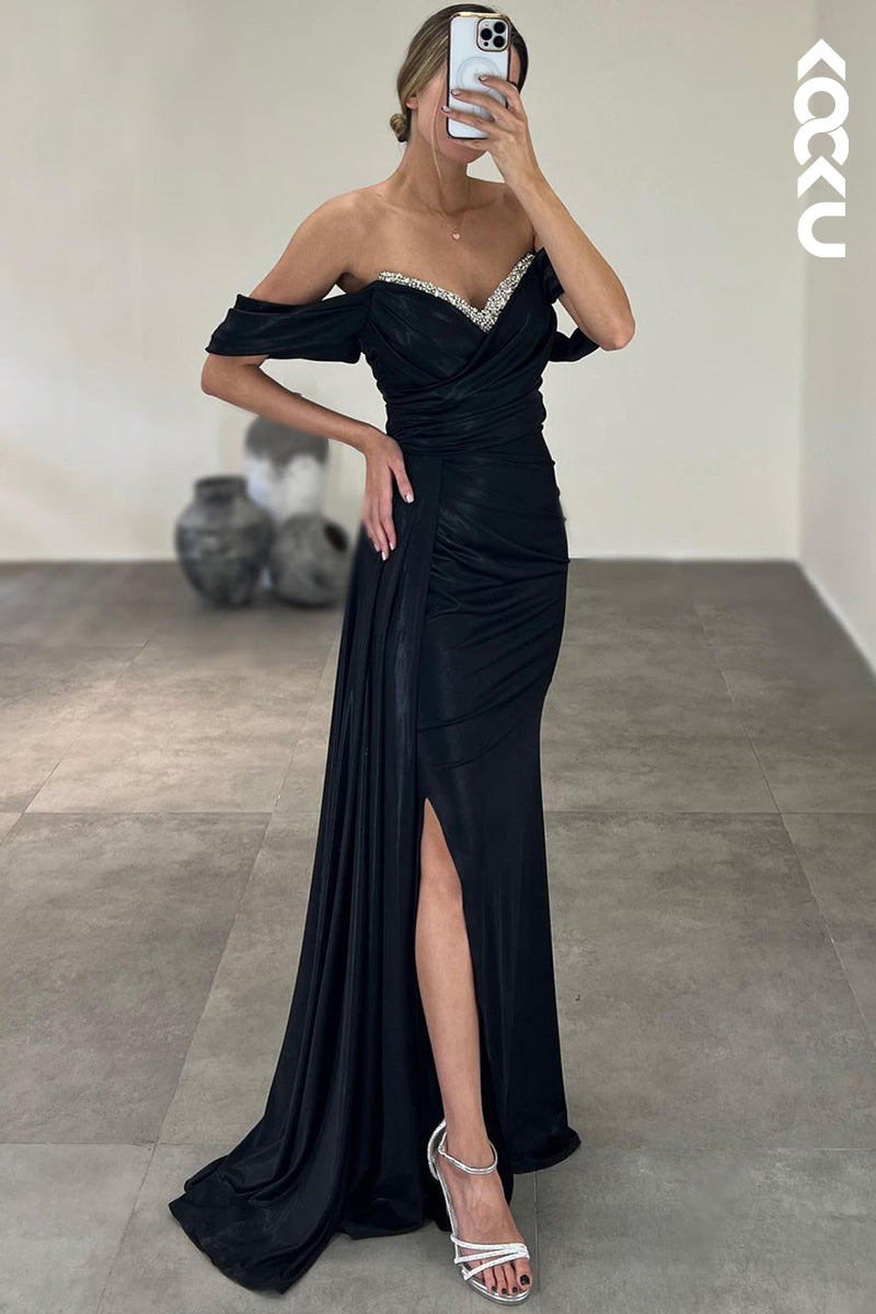 L2392 - Chic V-Neck Cap Sleeves Sheath Side Slit Formal Prom Dress