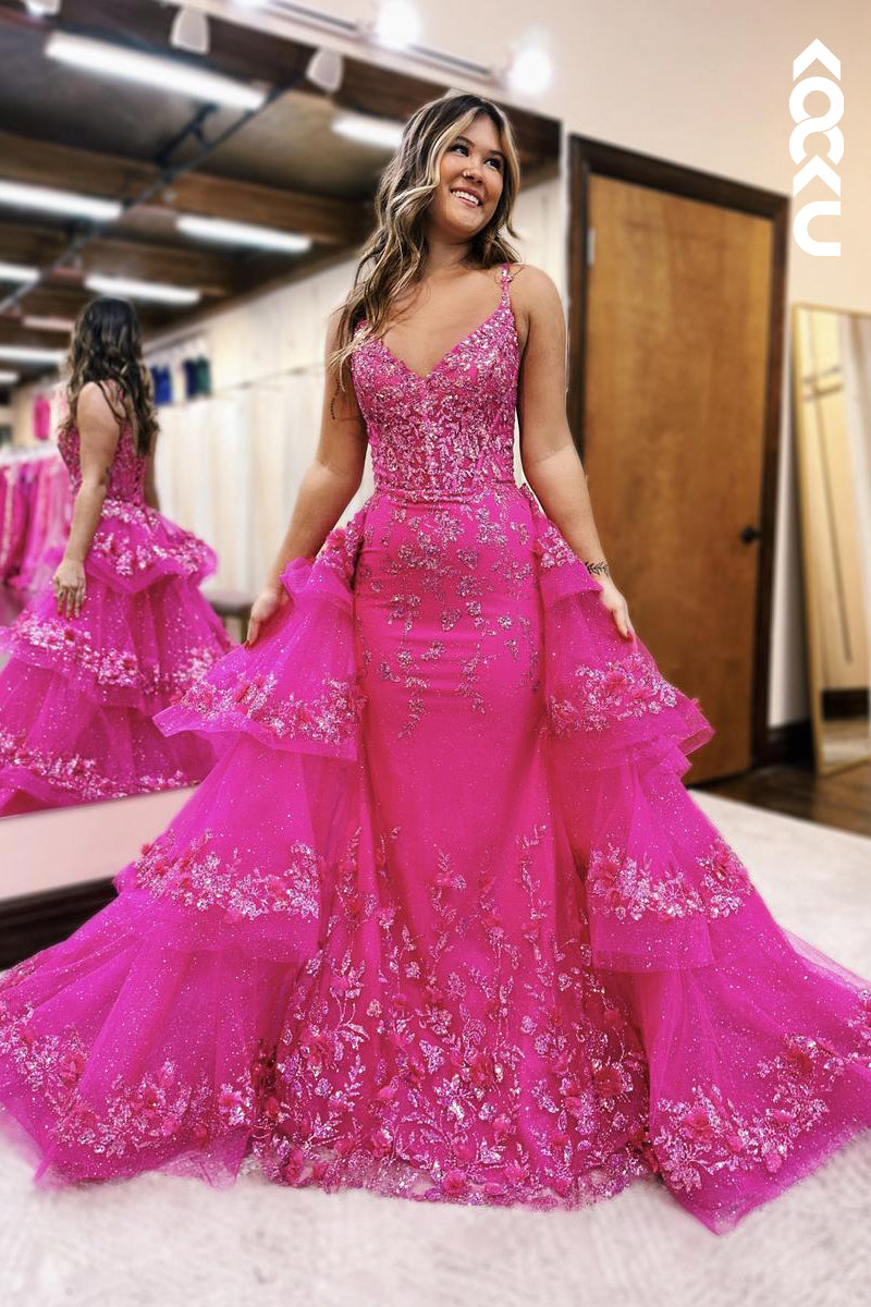 L2588 - Gorgeous & Charming V-Neck Spaghetti Straps Appilique Mermaid Party Prom Dress