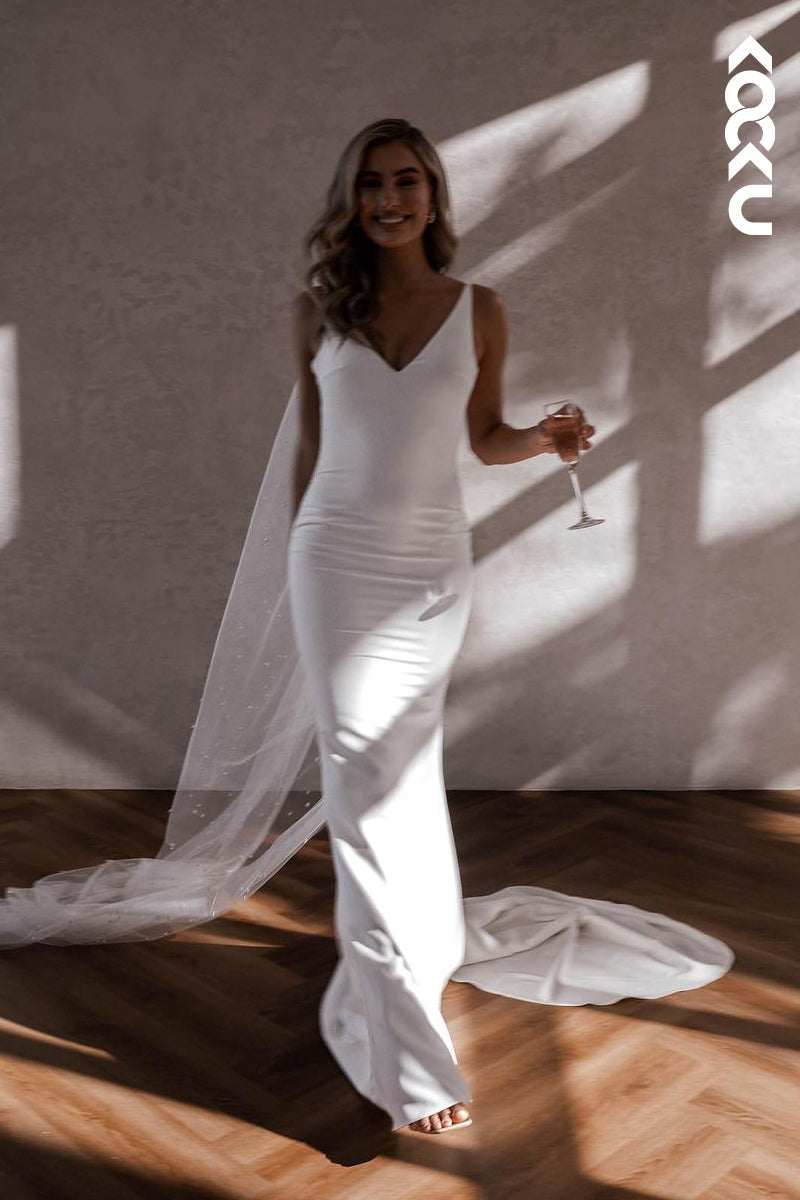 K1841 - Sexy & Elegant V-Neck Sleeveless Backless Trumpet Satin Wedding Dress