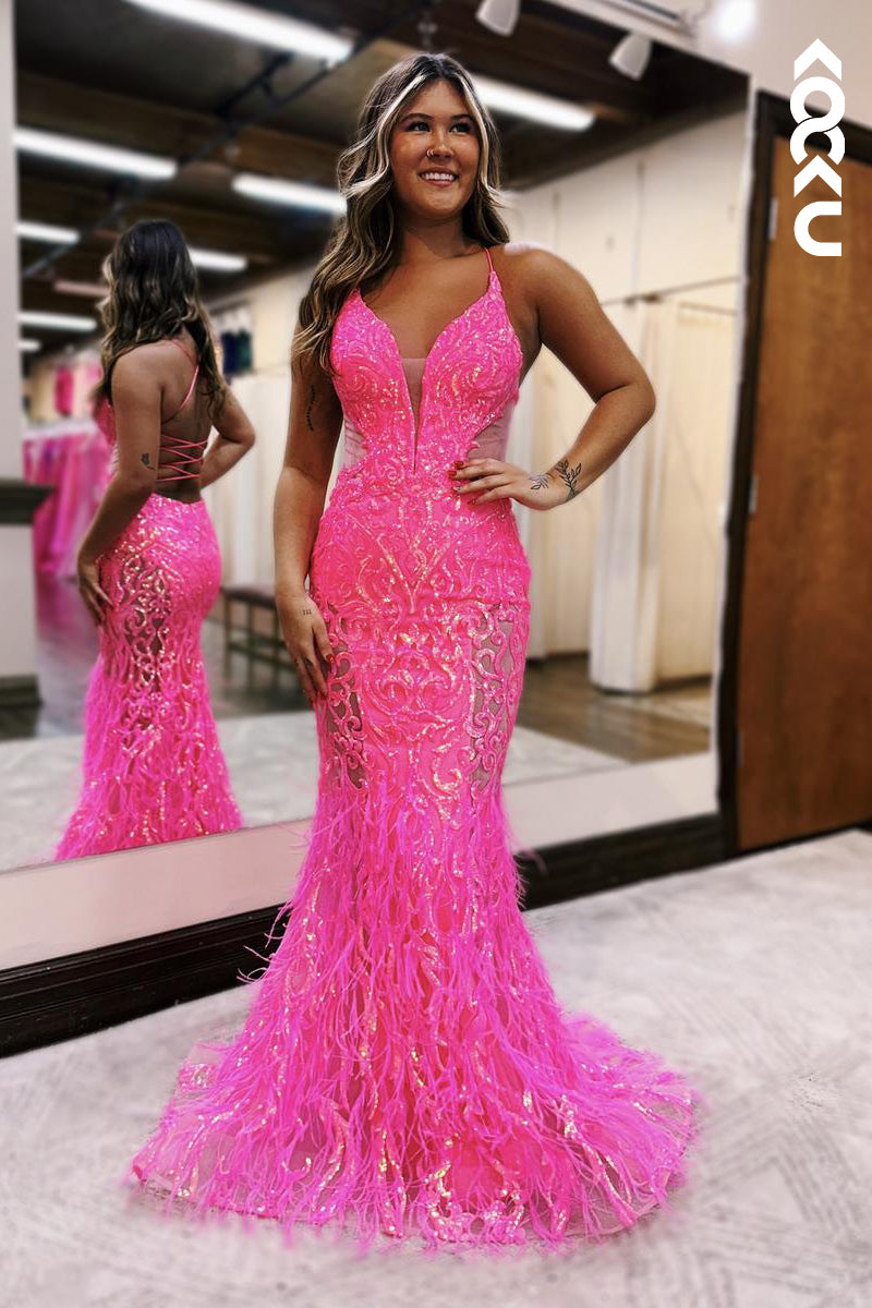 L2591 - Sexy & Sparkly V-neck Spaghetti Straps Mermaid Sequins Evening Party Prom Dress