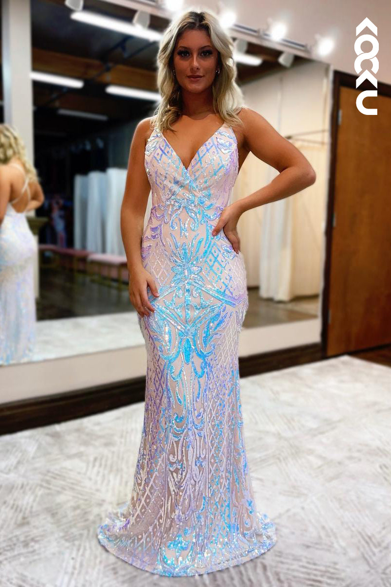 L2597 - Glamorous & Dramatic V-neck Spaghetti Straps Sequins Backless Sheath Evening Prom Dress