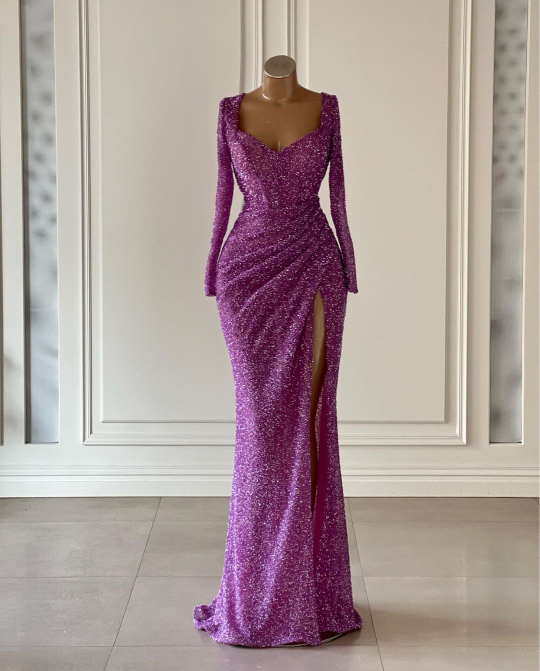 L2374 - Sequins V-Neck Long Sleeve Ruched Side Slit Sheath Formal Prom Dress