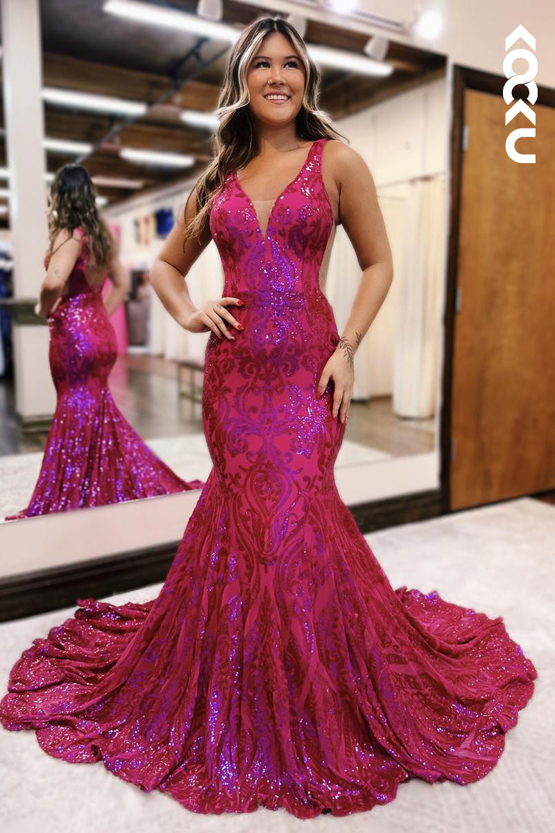 L2593 - Gorgeous & Charming V-neck Sleeveless Mermaid Sequins Sparkly Evening Prom Dress