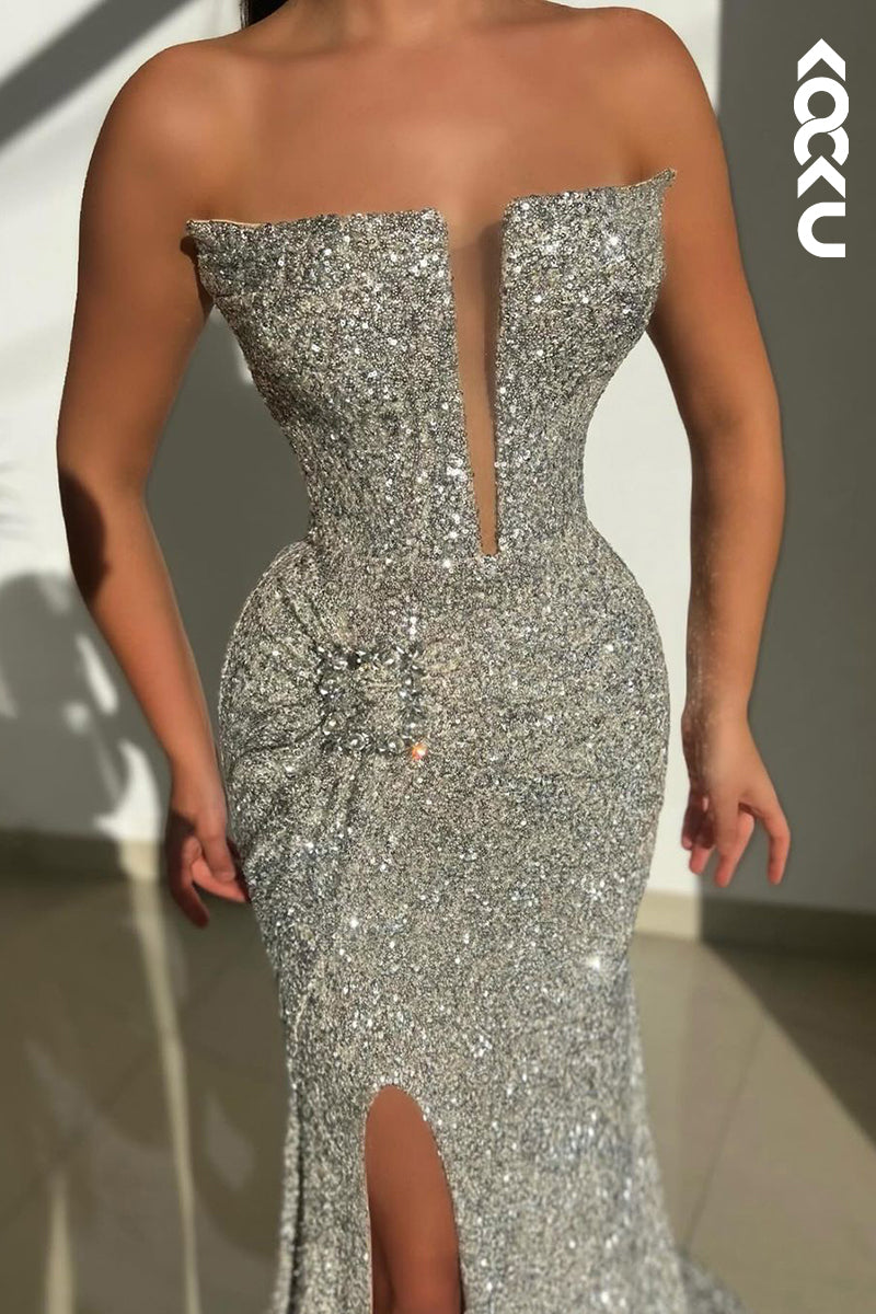 L2366 - Sparkly Off-Shoulder V-Neck Sleeveless Sequins Trumpet Slit Party Prom Dress