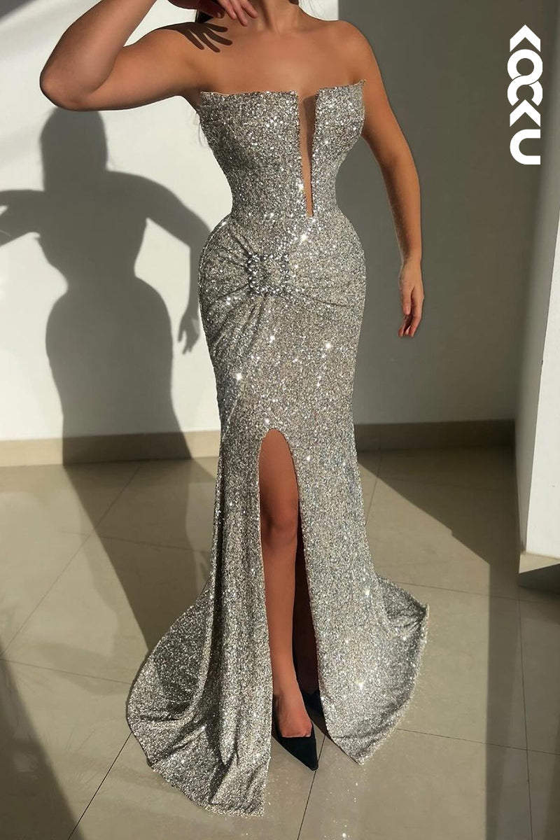 L2366 - Sparkly Off-Shoulder V-Neck Sleeveless Sequins Trumpet Slit Party Prom Dress