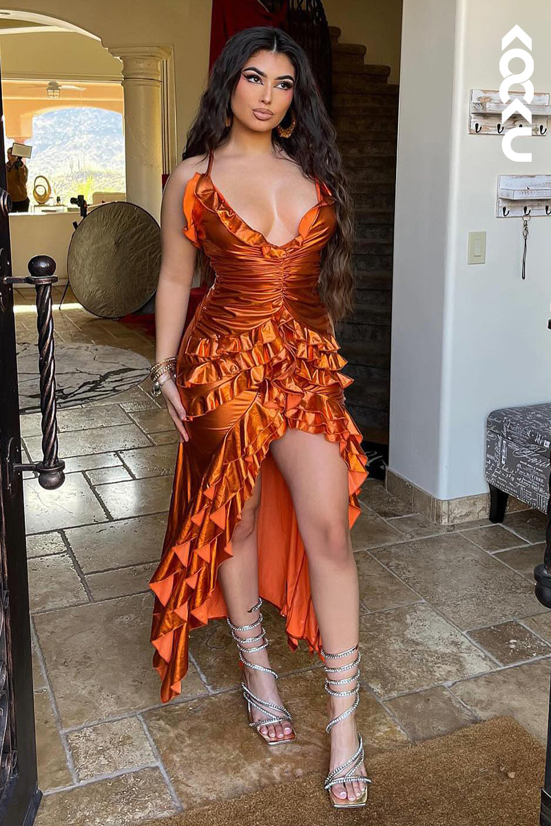 L3008 - Sexy & Hot V-Neck Side Slit Ruched Backless Evening Party Prom Dresses