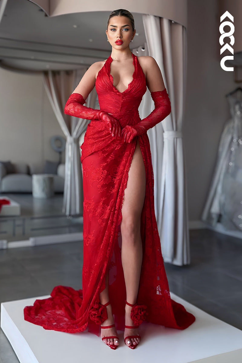 L2893 - Sexy & Hot Halter V-neck Sleeveless High Side Slit Lace Applique Party Prom Dress