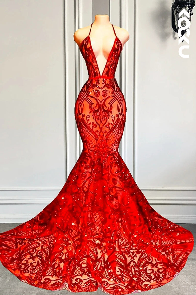 L2819 - Sexy & Hot Spaghetti Straps Deep V-Neck Sleeveless Mermaid Backless Sequins Prom Dress