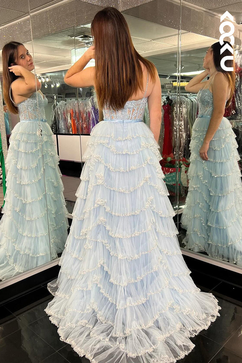 L2384 - Elegant & Luxurious Spaghetti Straps V-neck Ruffles Formal Prom Dress