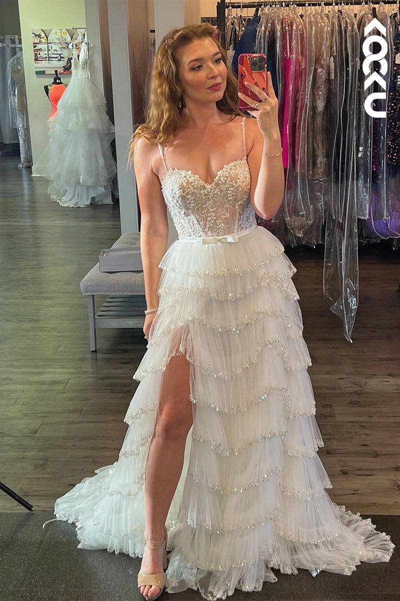 L2384 - Elegant & Luxurious Spaghetti Straps V-neck Ruffles Formal Prom Dress