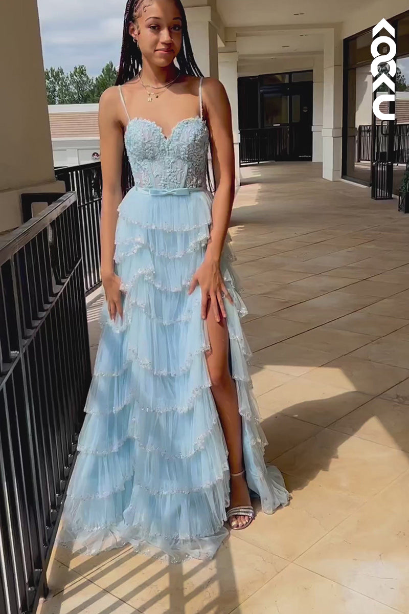 L2384 - Elegant & Luxurious Spaghetti Straps V-neck Ruffles Formal Prom Dress