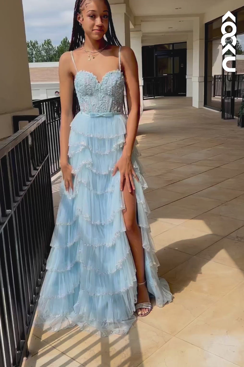 L2384 - Elegant & Luxurious Spaghetti Straps V-neck Ruffles Formal Prom Dress
