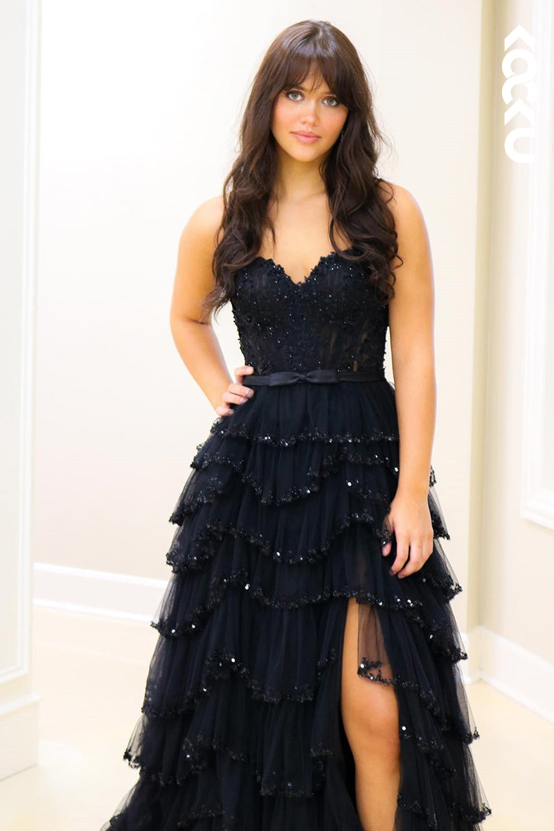 L2384 - Elegant & Luxurious Spaghetti Straps V-neck Ruffles Formal Prom Dress