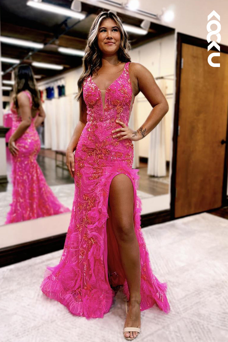 L2339 - Chic & Luxurious V-Neck Slit Sequined Floral Embroidered Sheath Prom Dress