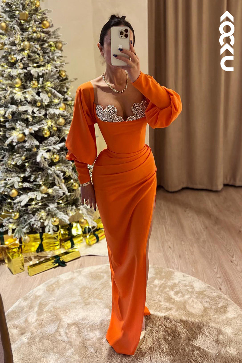 L2469 - Simple & Casual V-neck Long Sleeves Ruched Sheath Formal Party Prom Dress With Rhinestones