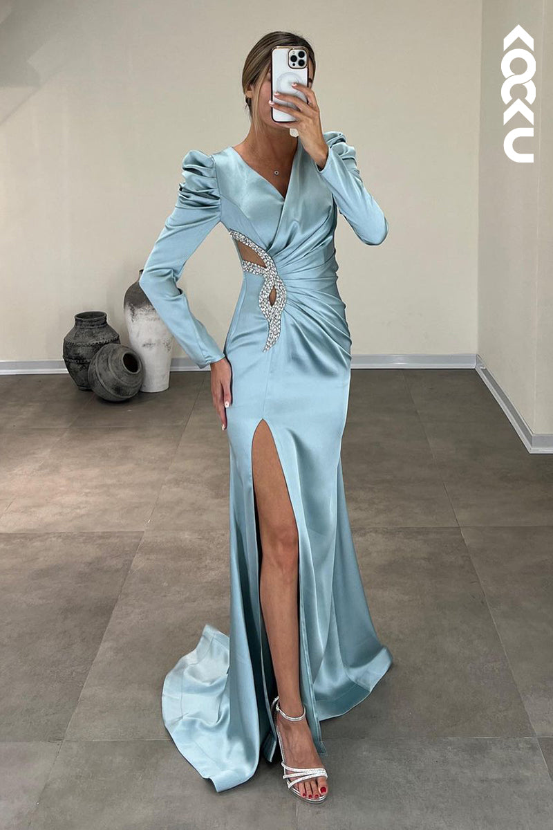 L2399 - Simple & Casual Long Sleeves Slit V-Neck Rhinestones Party Prom Dress