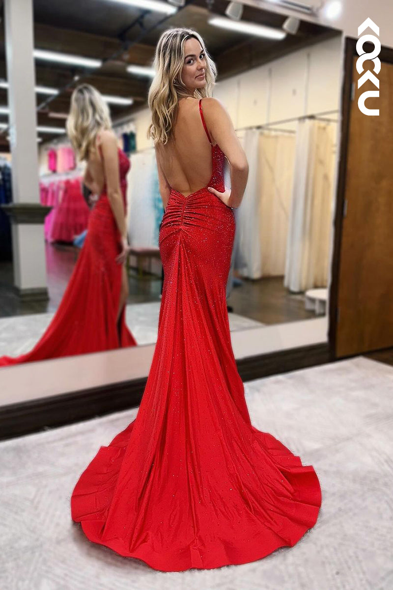 L2482 - Simple & Casual Spaghetti Straps V-Neck Mermaid Slit Evening Party Prom Dress