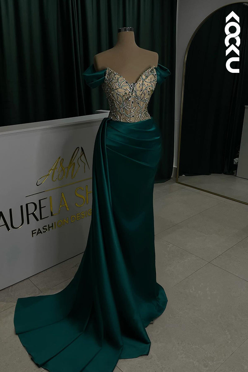 L2762 - Trumpet/Mermaid V-Neck Cap Sleeves Ruched Rhinestones Formal Prom Dress