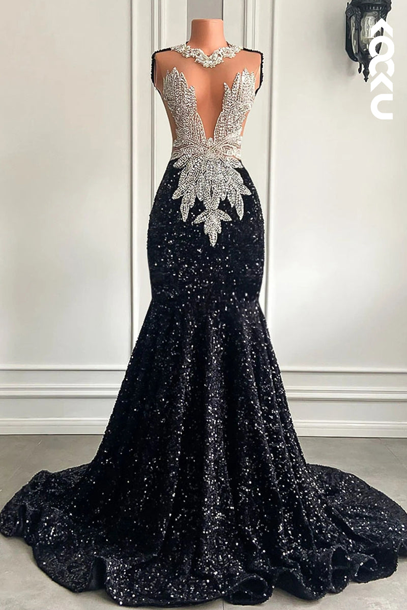 L2820 - Glamorous & Dramatic Ruffles Mermiad Deep V-Neck Sleeveless Sequins Evening Prom Dress