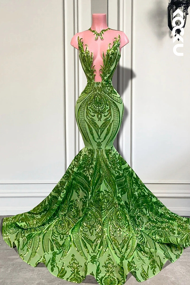 L2816 - Trumpet/Mermaid Sparkly Deep V-Neck Sleeveless Sequins Ruffles Prom Dress