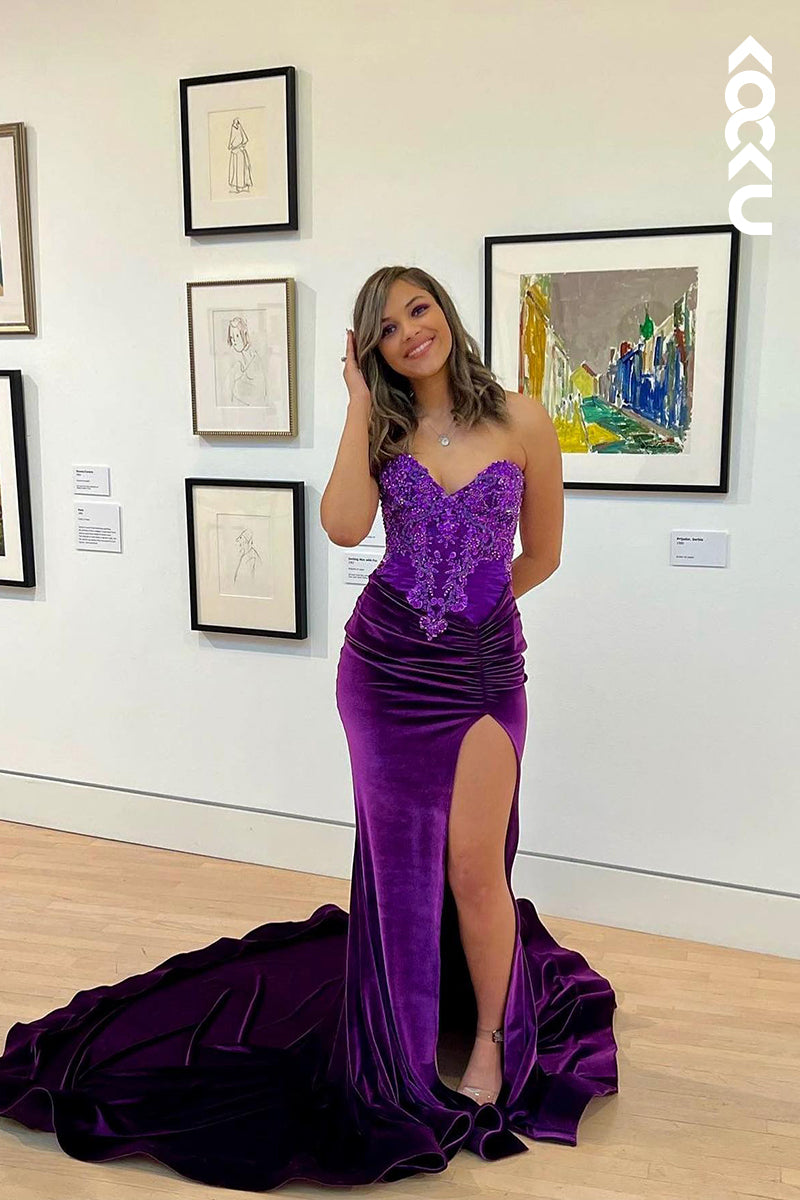 L2806 - Trumpet/Mermaid Ornate V-Neck Sleeveless Side Slit Applique Evening Prom Dress