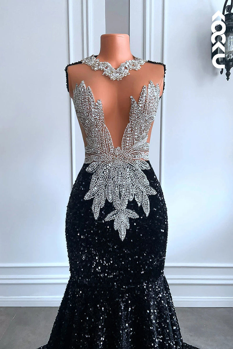 L2820 - Glamorous & Dramatic Ruffles Mermiad Deep V-Neck Sleeveless Sequins Evening Prom Dress