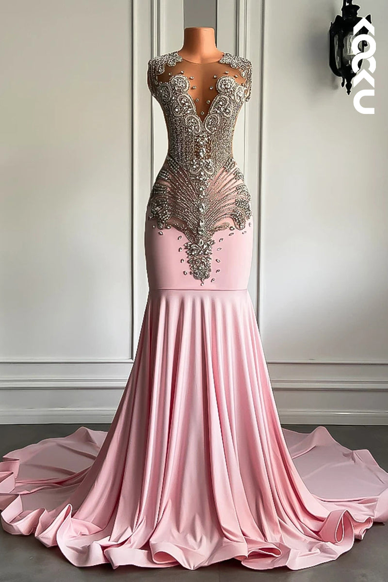 L2818 - Couture & Ornate Ruffles V-Neck Sleeveless Fully Rhinestones Prom Dress