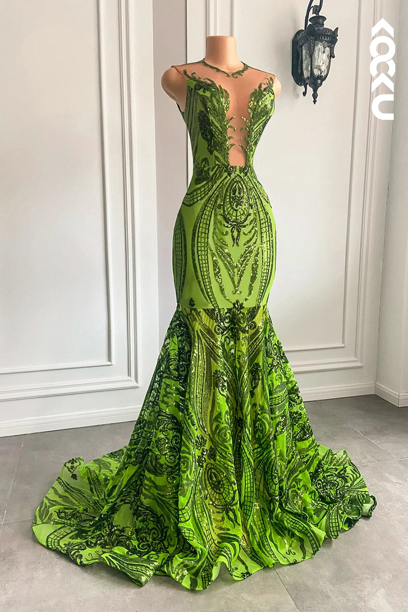 L2816 - Trumpet/Mermaid Sparkly Deep V-Neck Sleeveless Sequins Ruffles Prom Dress