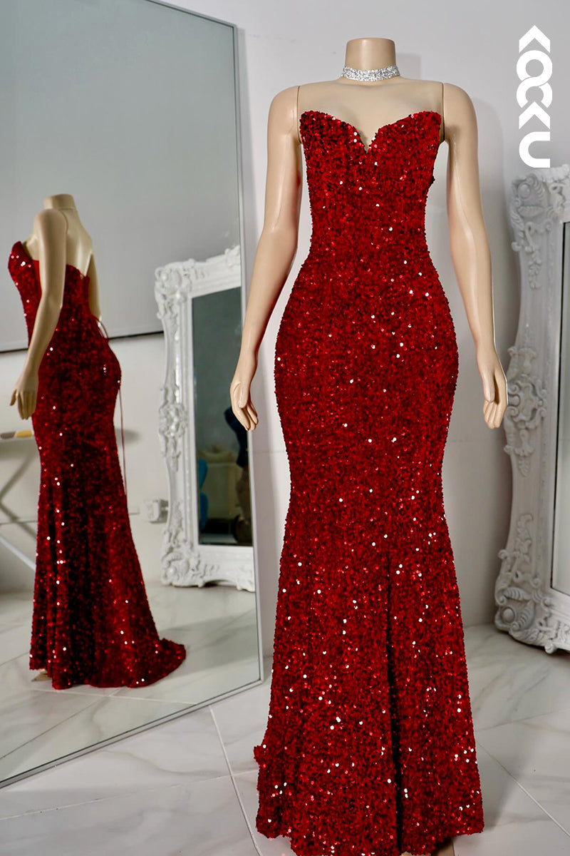 L2846 - Trumpet/Mermaid V-Neck Sleeveless Lace-up Mermaid Sequins Evening Prom Dress