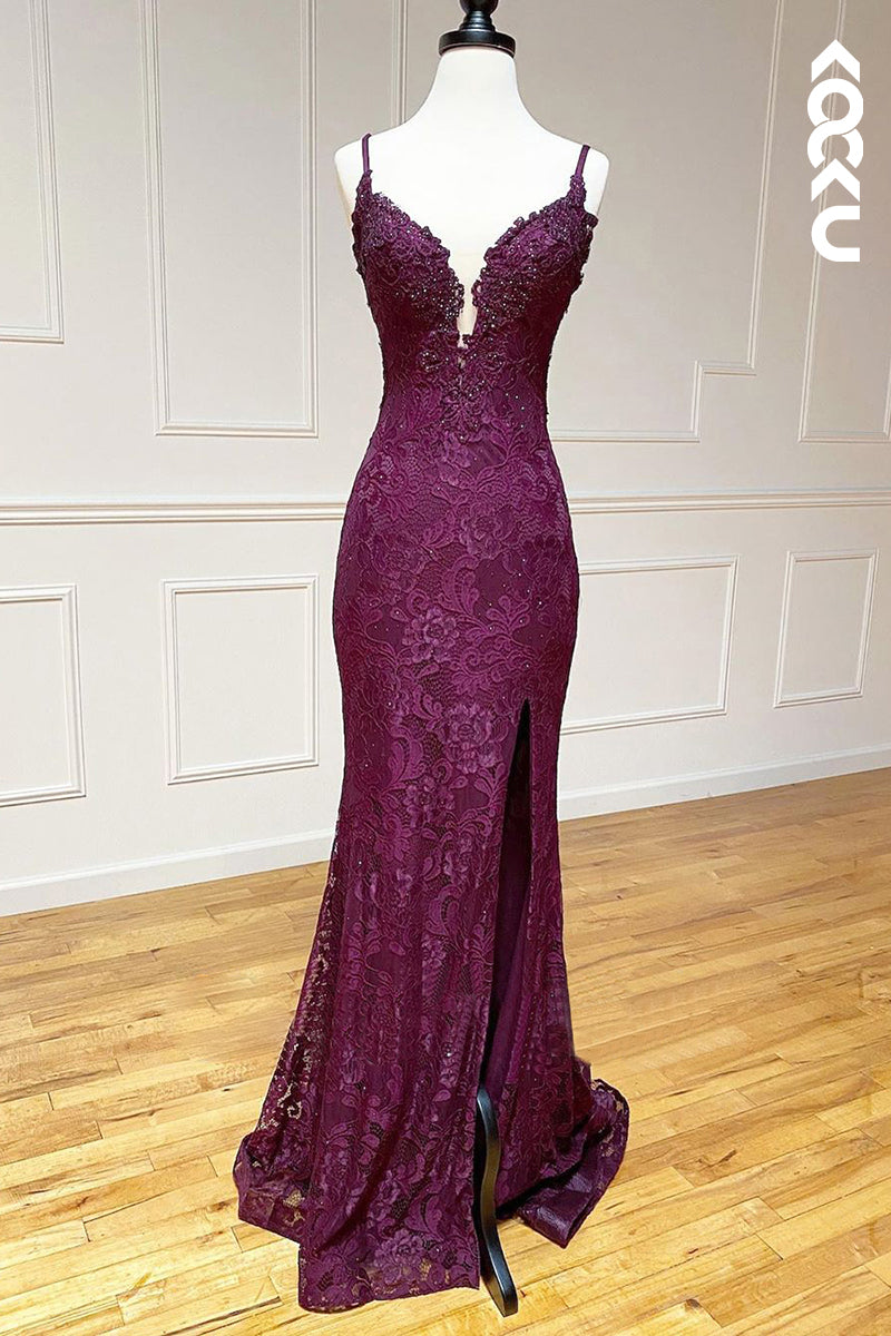 L3025 - Sexy & Hot Straps Backless Allover Applique Side Slit Mermaid Evening Party Prom Dress