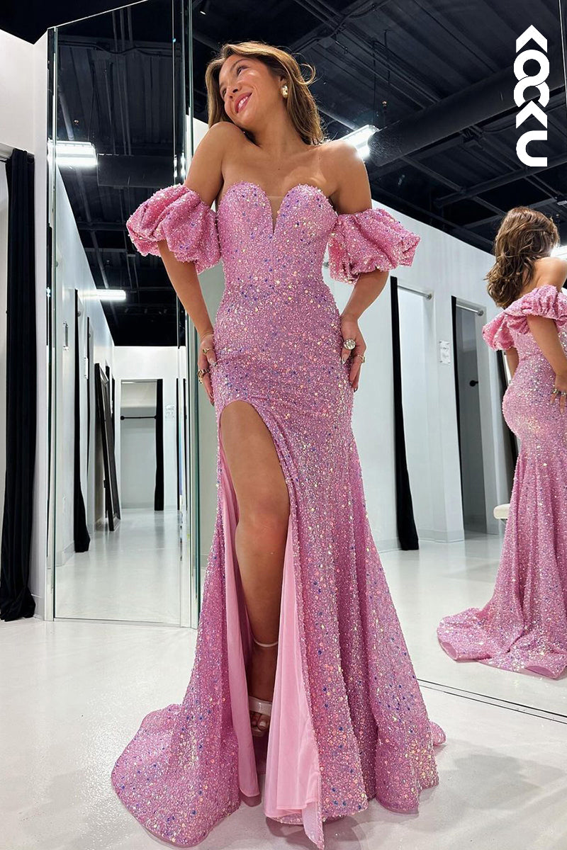 L2669 - Gorgeous & Charming Sweetheart Cap Sleeves Side Slit Mermaid Sequins Prom Dress