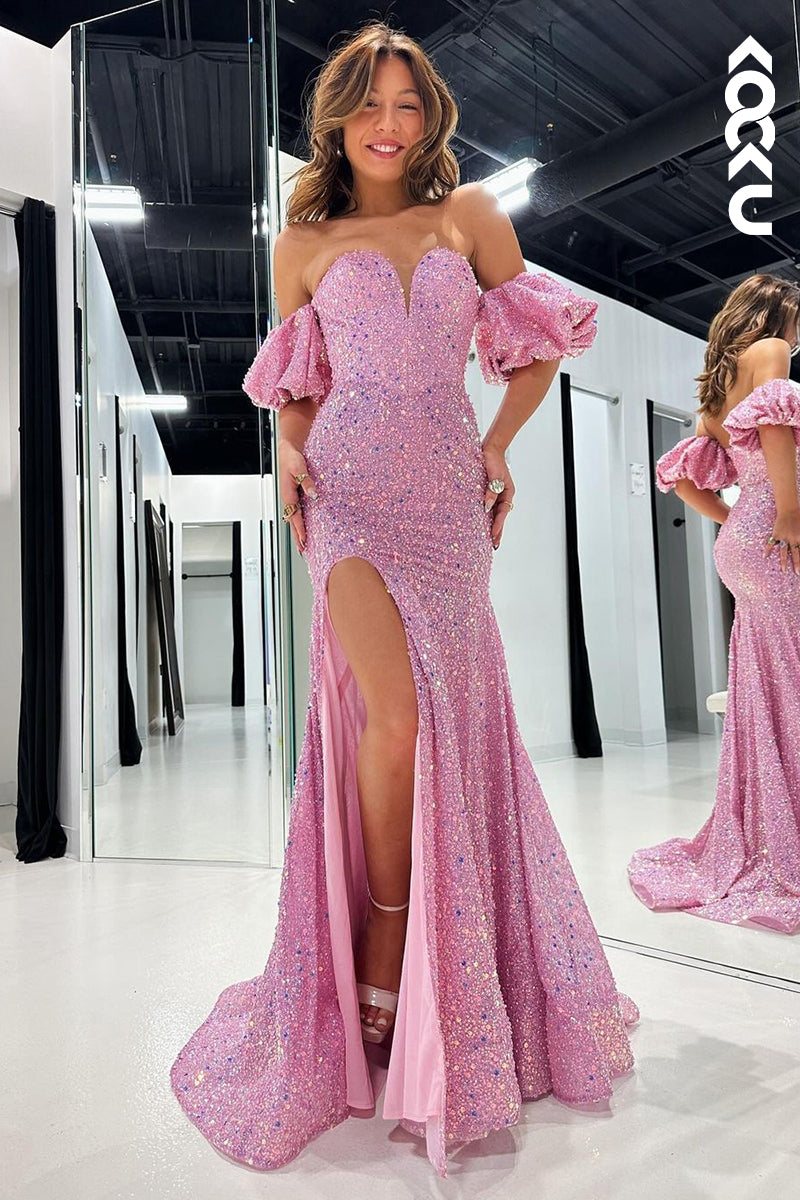 L2669 - Gorgeous & Charming Sweetheart Cap Sleeves Side Slit Mermaid Sequins Prom Dress